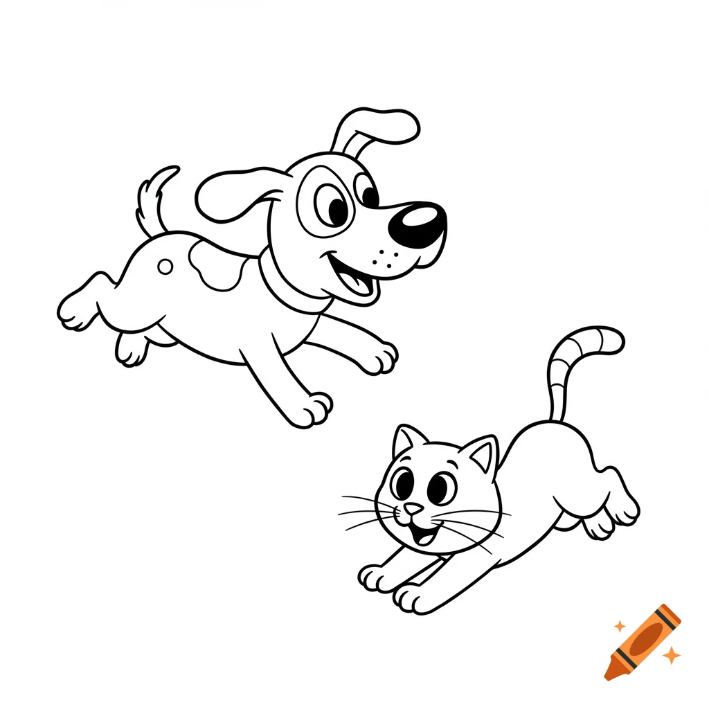 Black and white line drawing of a playful cartoon dog and cat jumping, suitable for a kids coloring book.