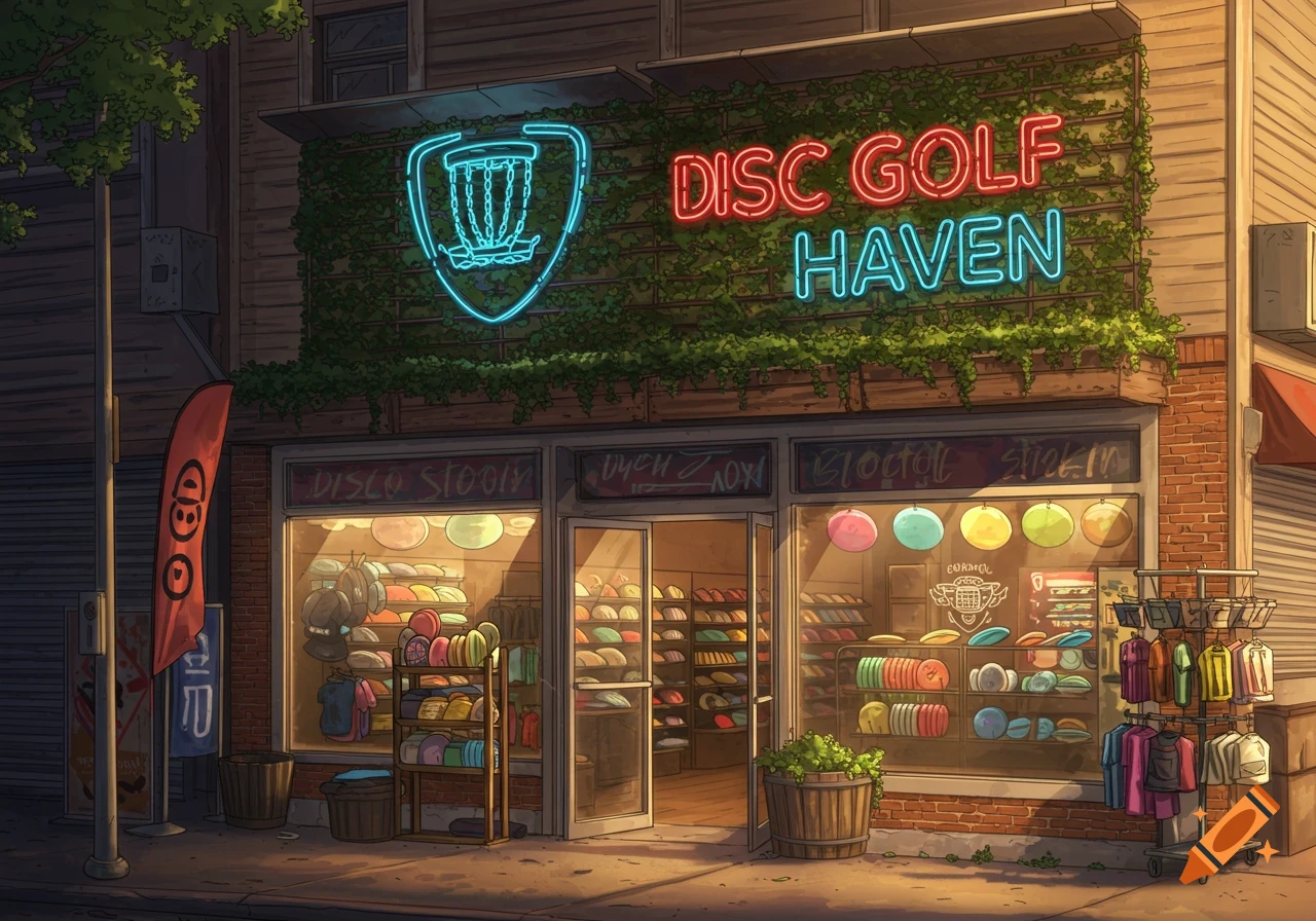 A cartoon-style disc golf store at dusk with neon signs, "DISC GOLF HAVEN," and colorful discs displayed in the windows.