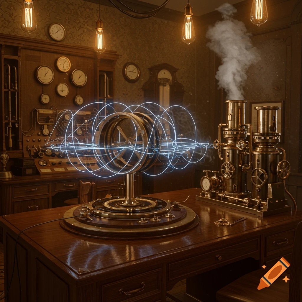 A complex steampunk Victorian apparatus emits glowing blue electromagnetic fields and smoke on a wooden desk in a dimly lit laboratory.