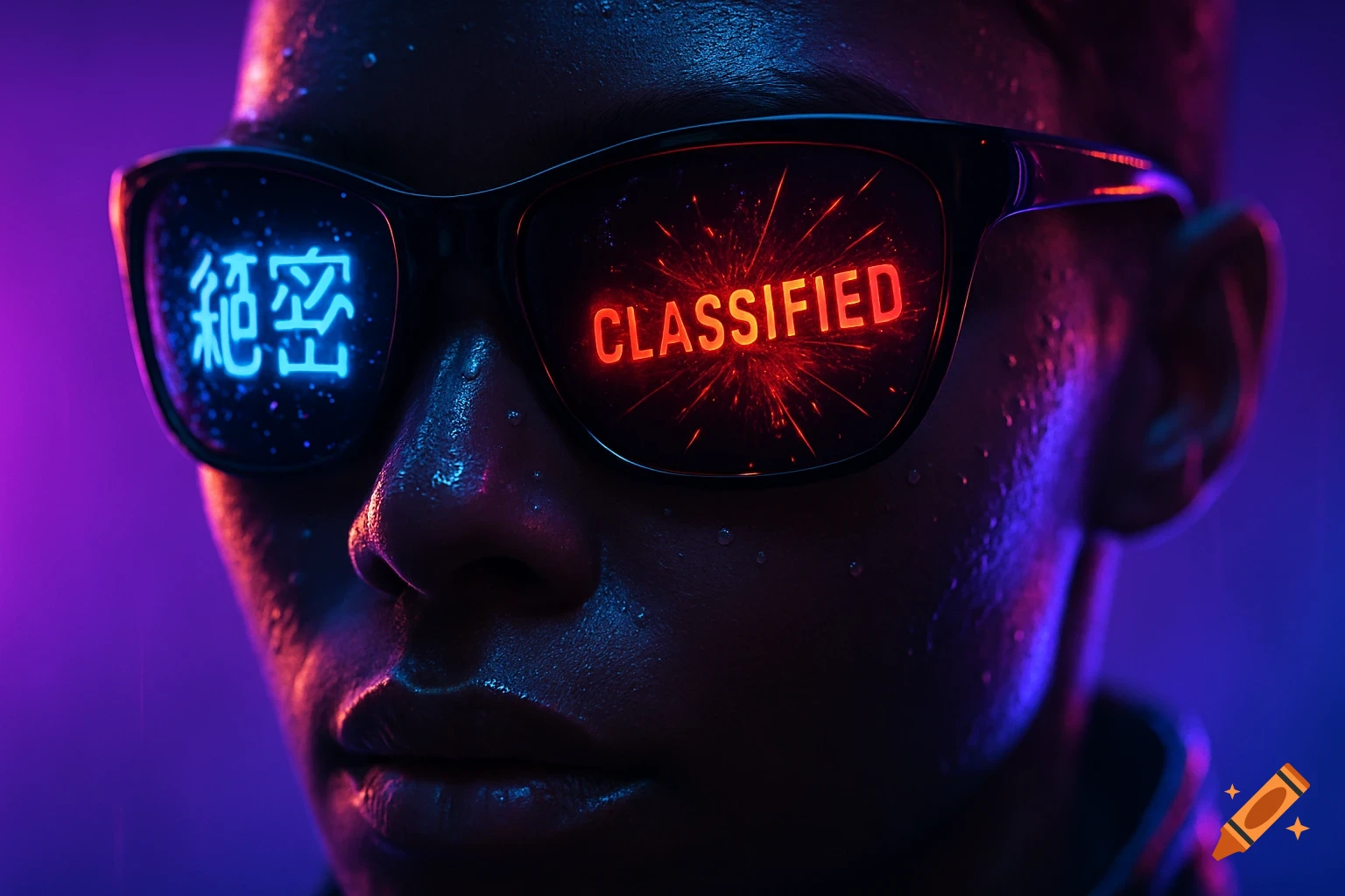 Close-up of a person in cyberpunk sunglasses reflecting neon ' 絕密' and 'CLASSIFIED' under purple-blue light with rain droplets.
