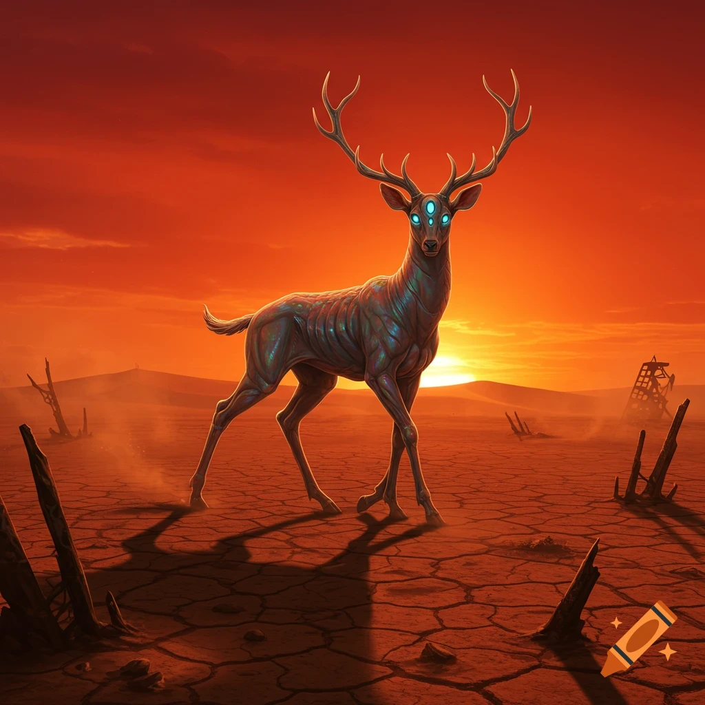 A six-legged, three-eyed deer with glowing blue eyes stands in a cracked, red dystopian desert at sunset.