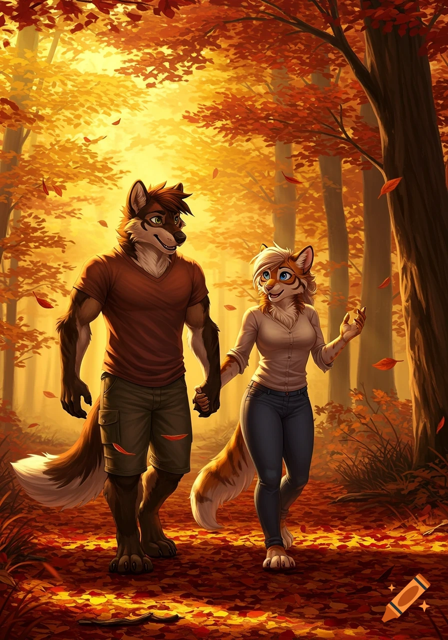 A male and female fursona couple walk hand-in-hand through a vibrant, sunlit autumn forest.
