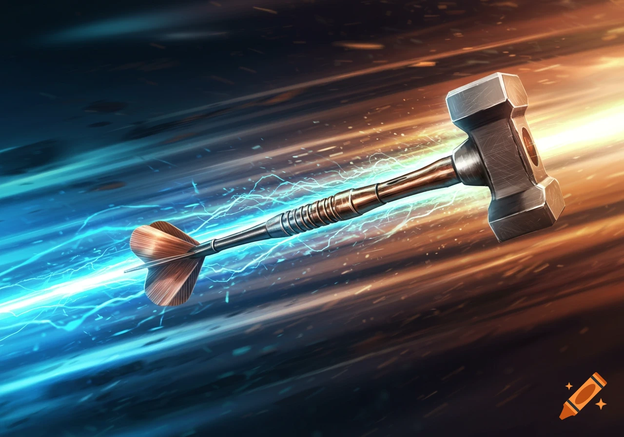 A stylized dart with a hammerhead flies through a dynamic background of blue electricity and orange light.
