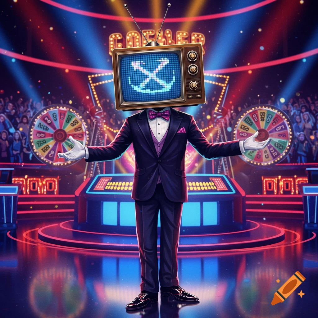 A robot-like game show host with a retro TV for a head stands on a brightly lit stage, arms outstretched, in front of spinning prize wheels and an audience.