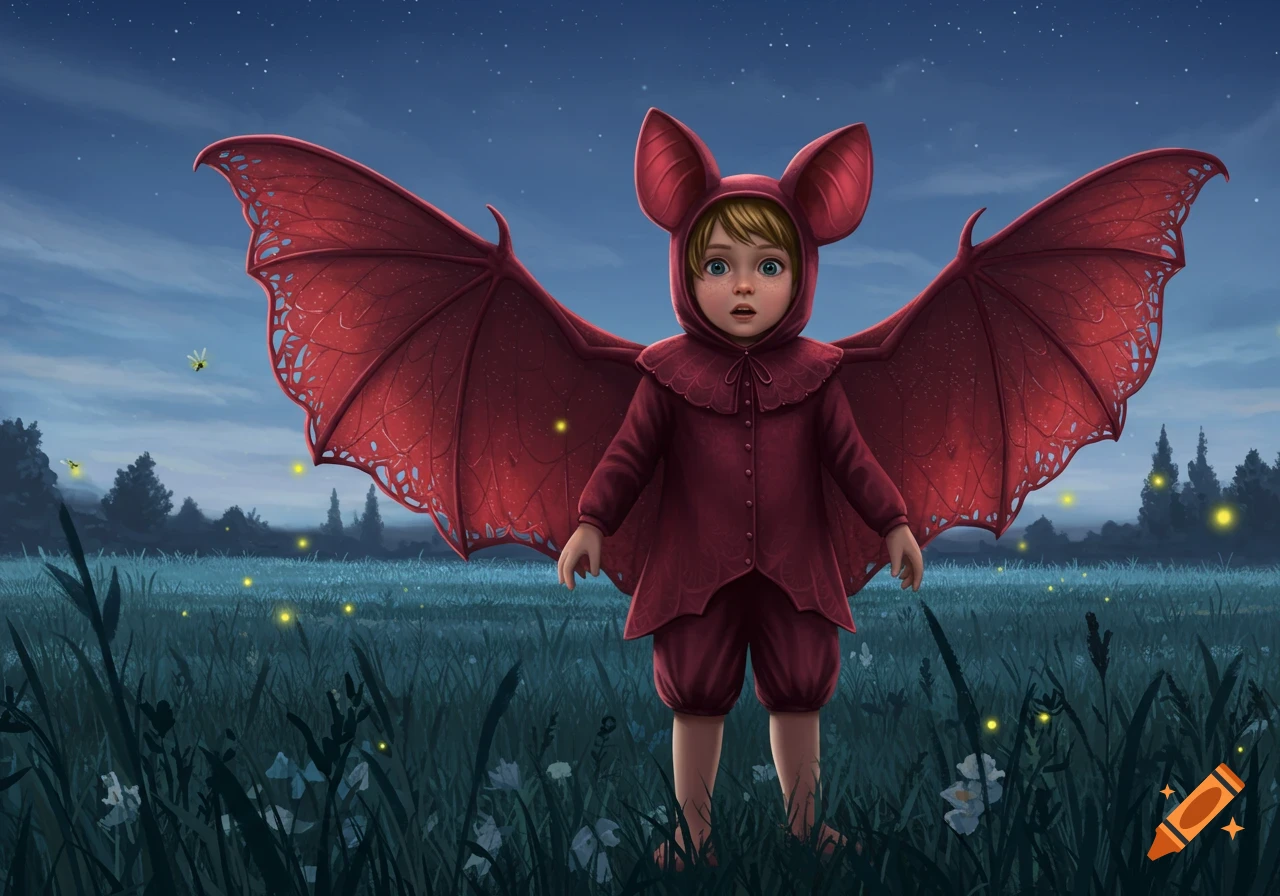 Whimsical illustration of a child in a red bat costume standing in a firefly-lit grassy field at night.