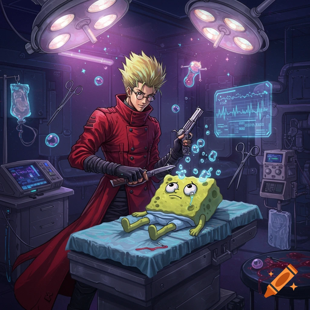 Vash the Stampede, holding a gun and knife, stands over a crying Spongebob on an operating table in a purple-lit sci-fi surgical room, digital art style.