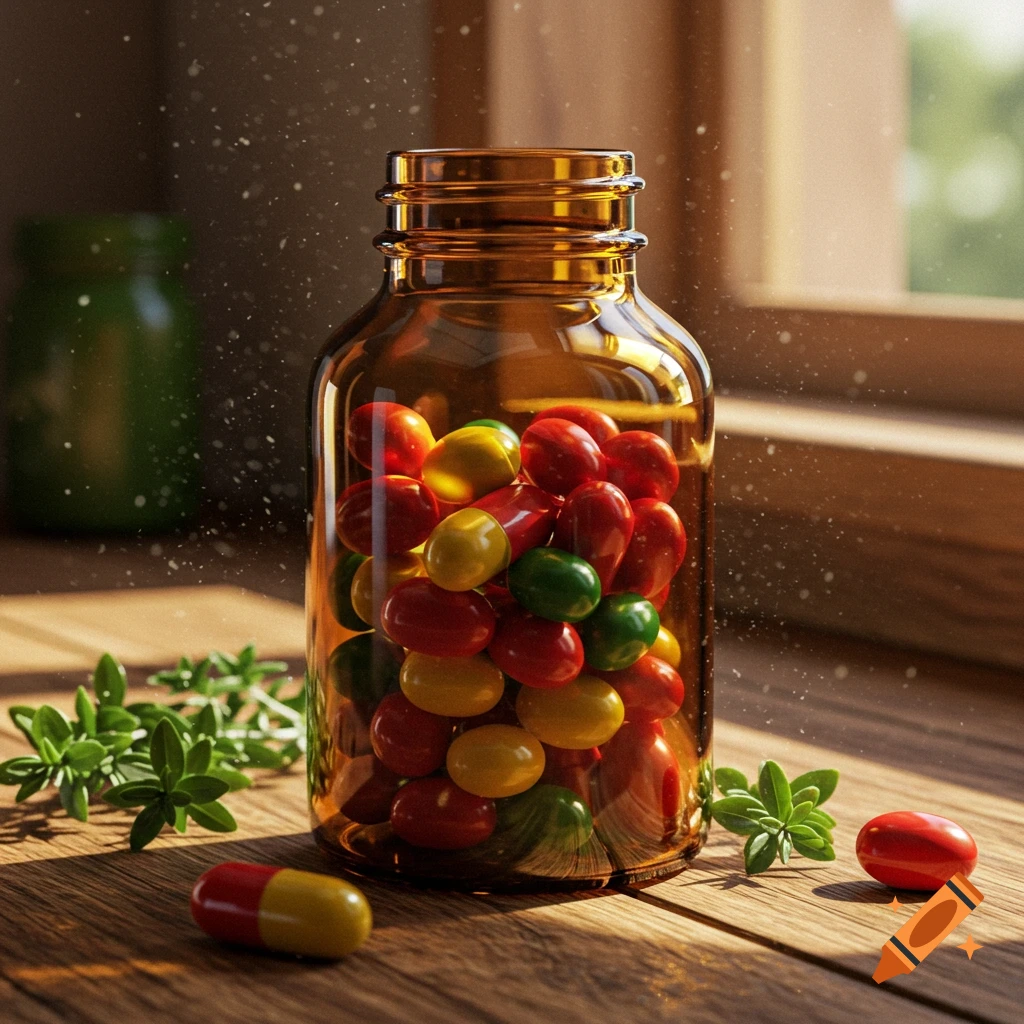 Photorealistic still life of a brown glass bottle filled with red, yellow, and green pills, on a wooden surface with scattered herbs and pills, bathed in sunlight.
