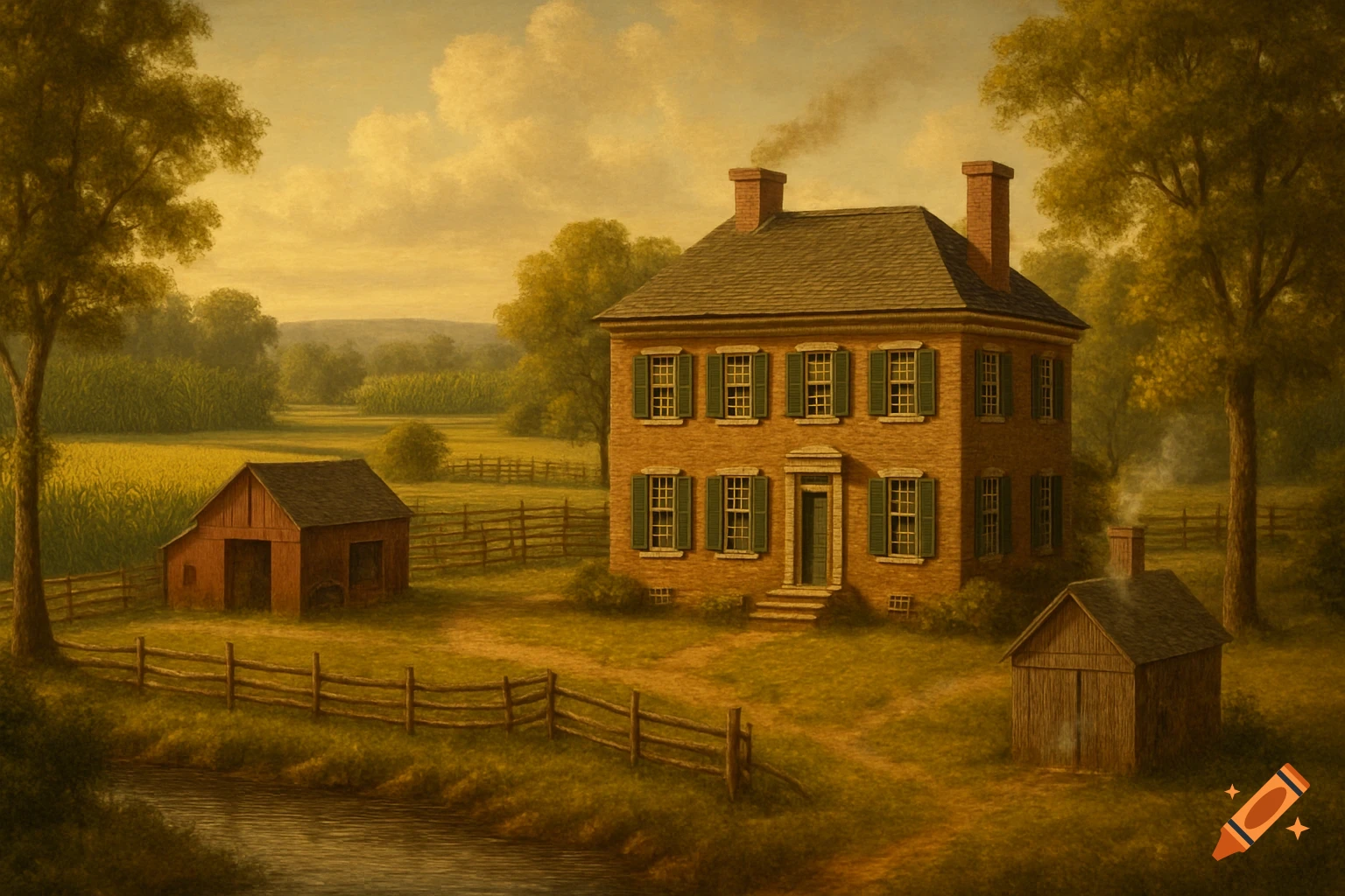 A painting of a colonial-era homestead with a brick house, barn, smokehouse, fences, fields, and a river under a golden sky.