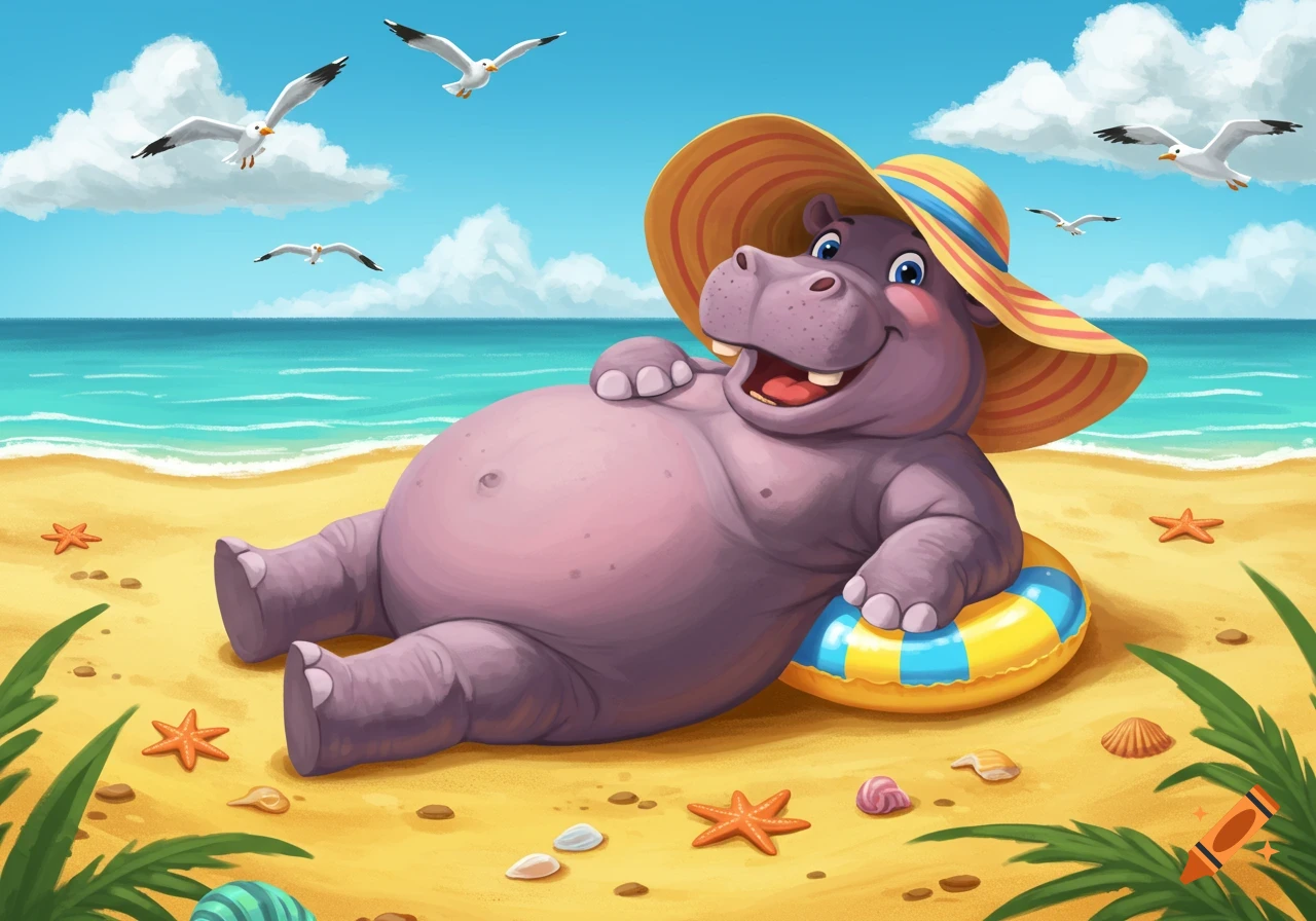 Cute cartoon hippo in a straw hat smiles while relaxing on a sandy beach with a swim ring, seagulls fly above the ocean.
