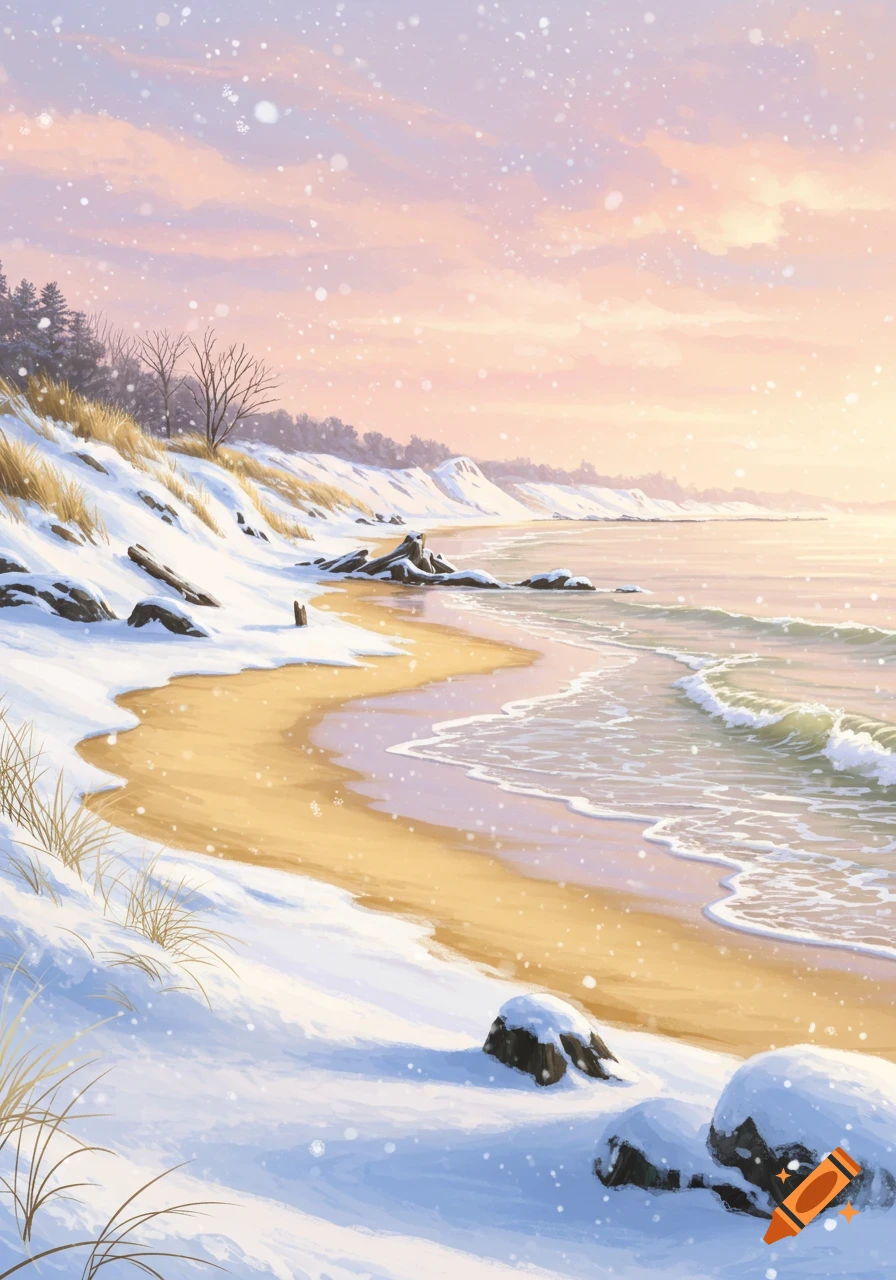 A serene snowy beach with golden sand, gentle waves, and snow-covered dunes under a soft pink and orange sky at sunset.