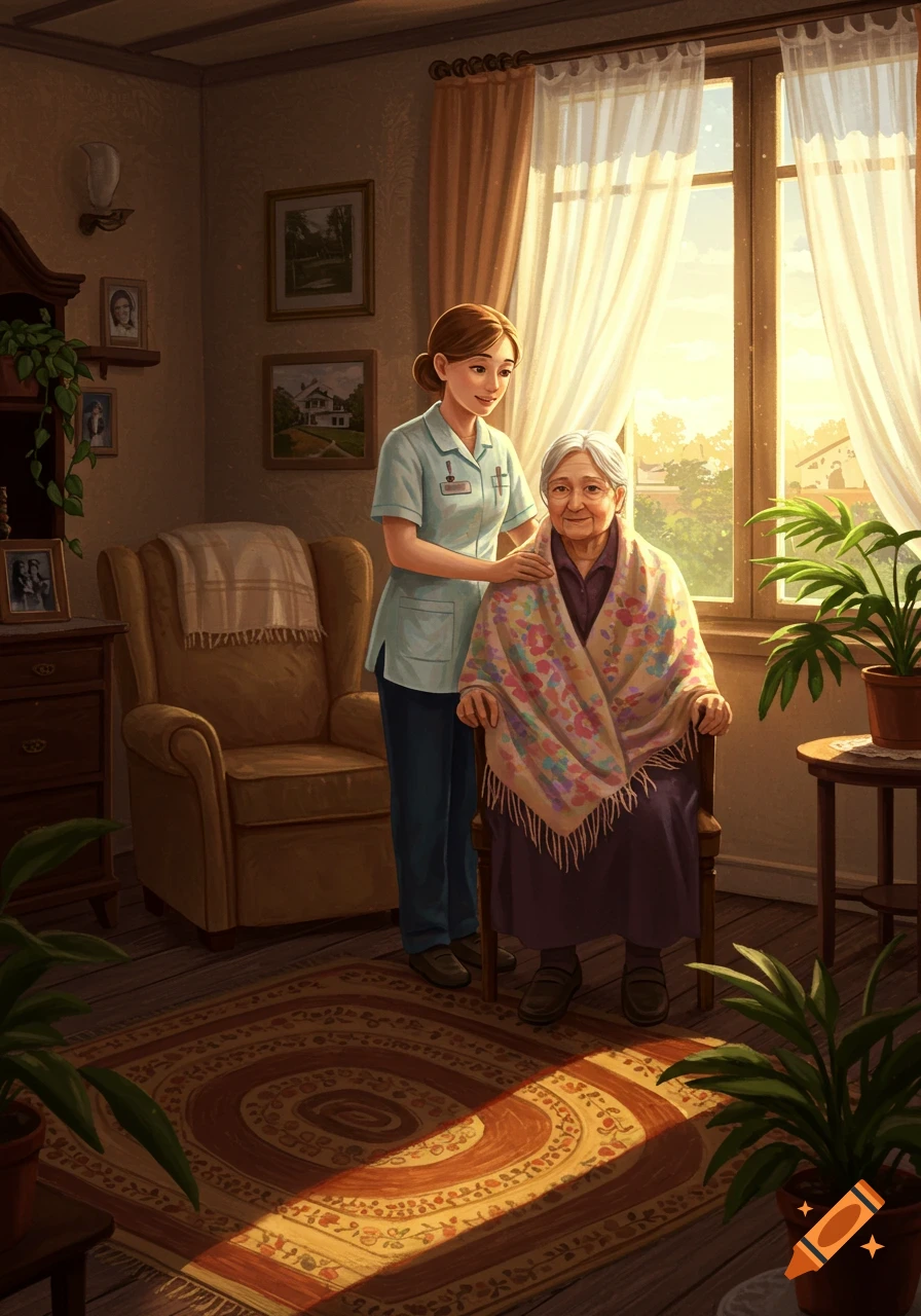 An illustration of a kind female caregiver gently touching the shoulder of a smiling elderly woman seated in a sunlit room.