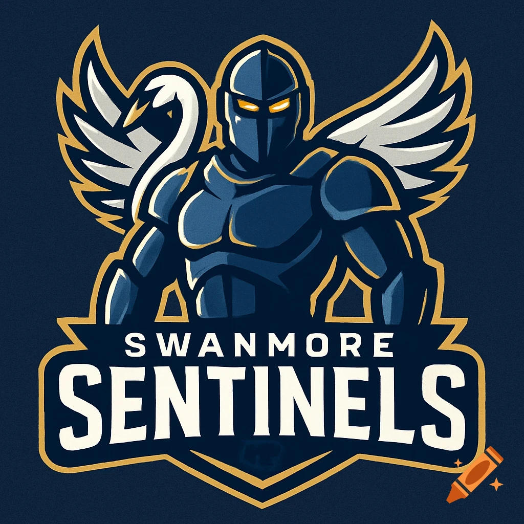 A blue and gold sports logo with an armored sentinel, swan wing, and the text 'SWANMORE SENTINELS'.