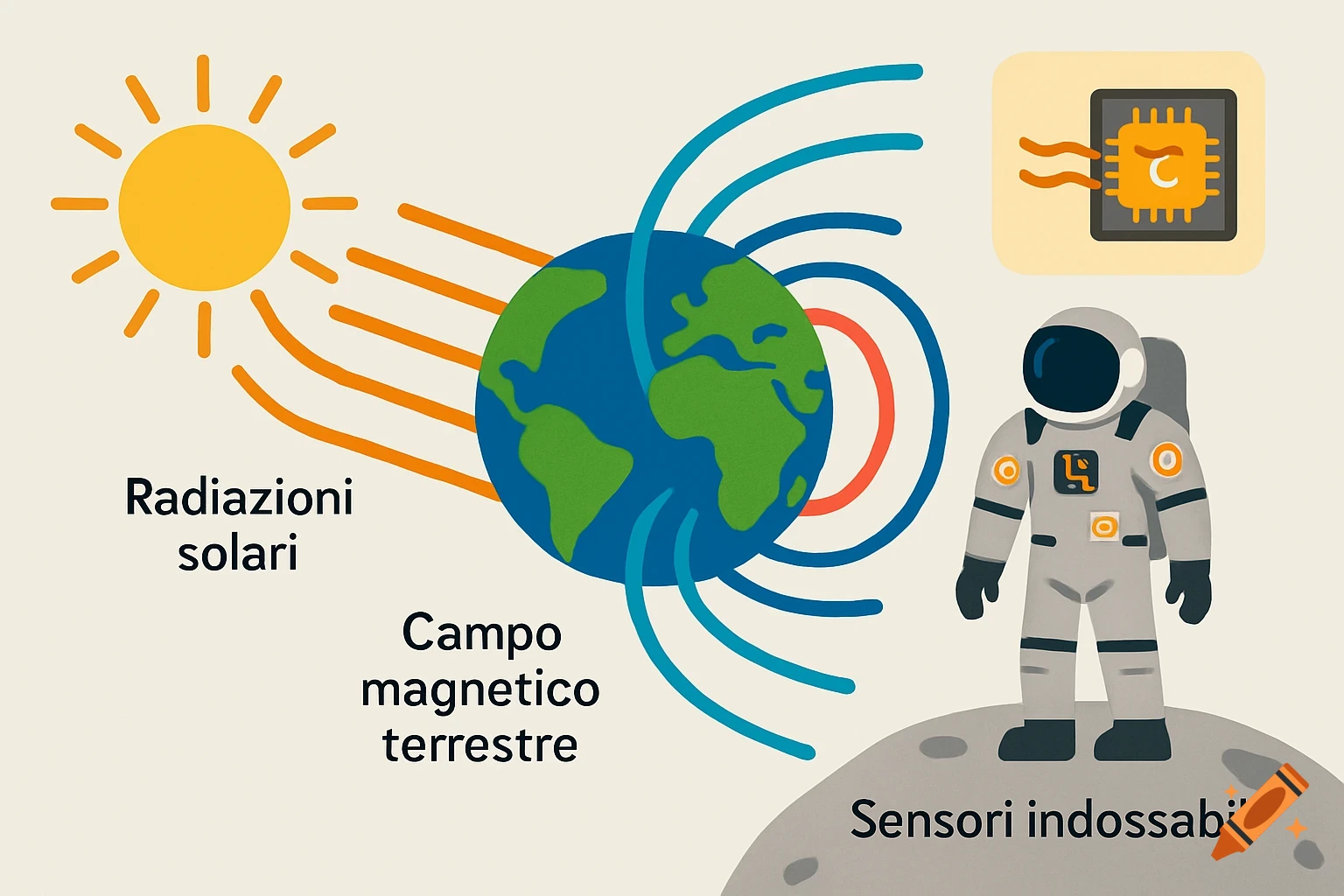 Flat design infographic showing the Sun, Earth with its magnetic field, an astronaut on the Moon, and a diagram of a wearable sensor.