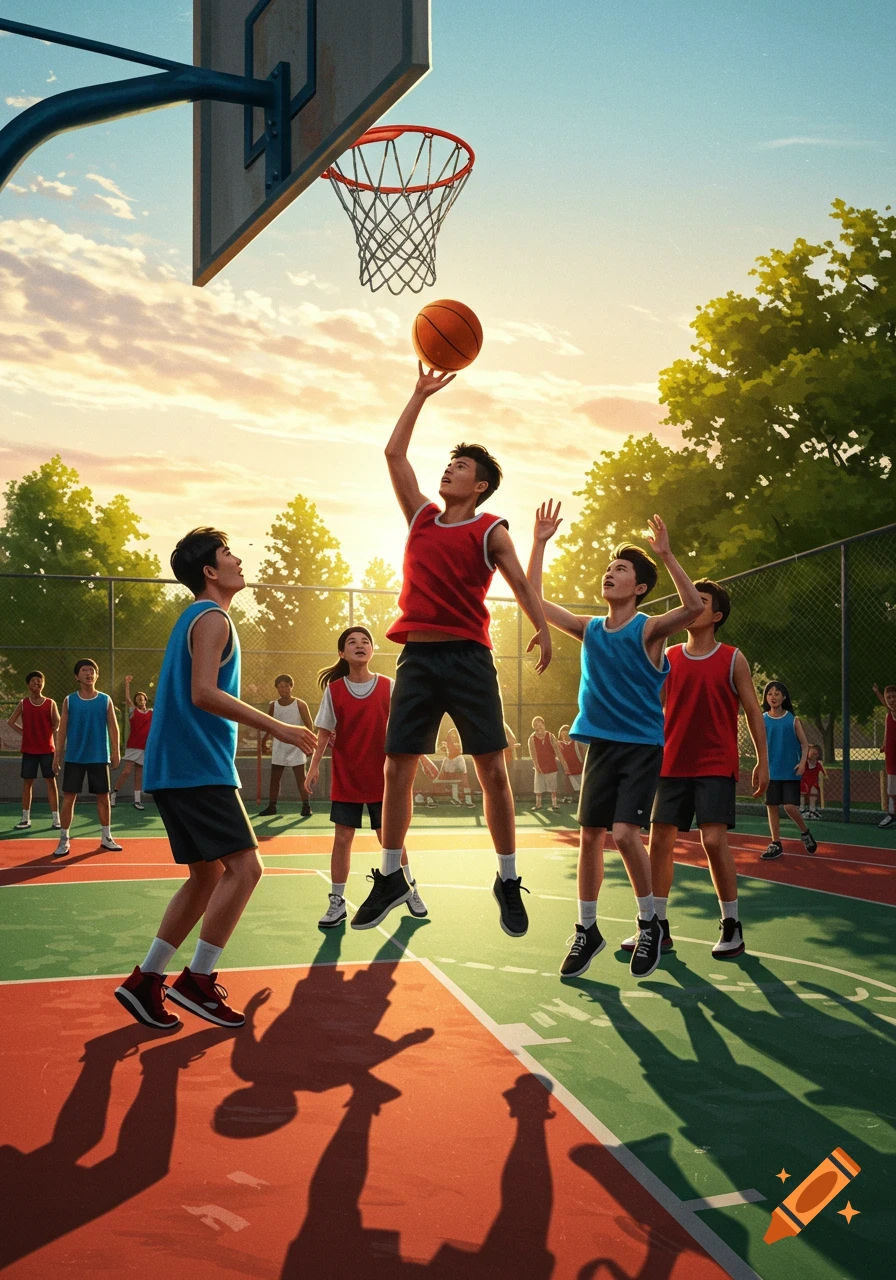 Illustrated scene of students playing basketball on an outdoor court at sunset, one jumping to shoot.