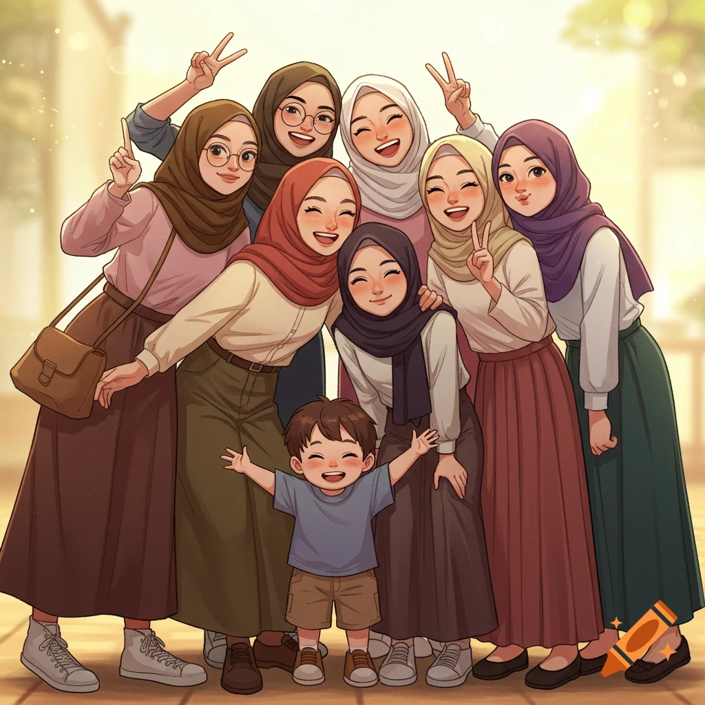 Anime illustration of a happy group of women in hijabs and a young boy, smiling and posing with peace signs.