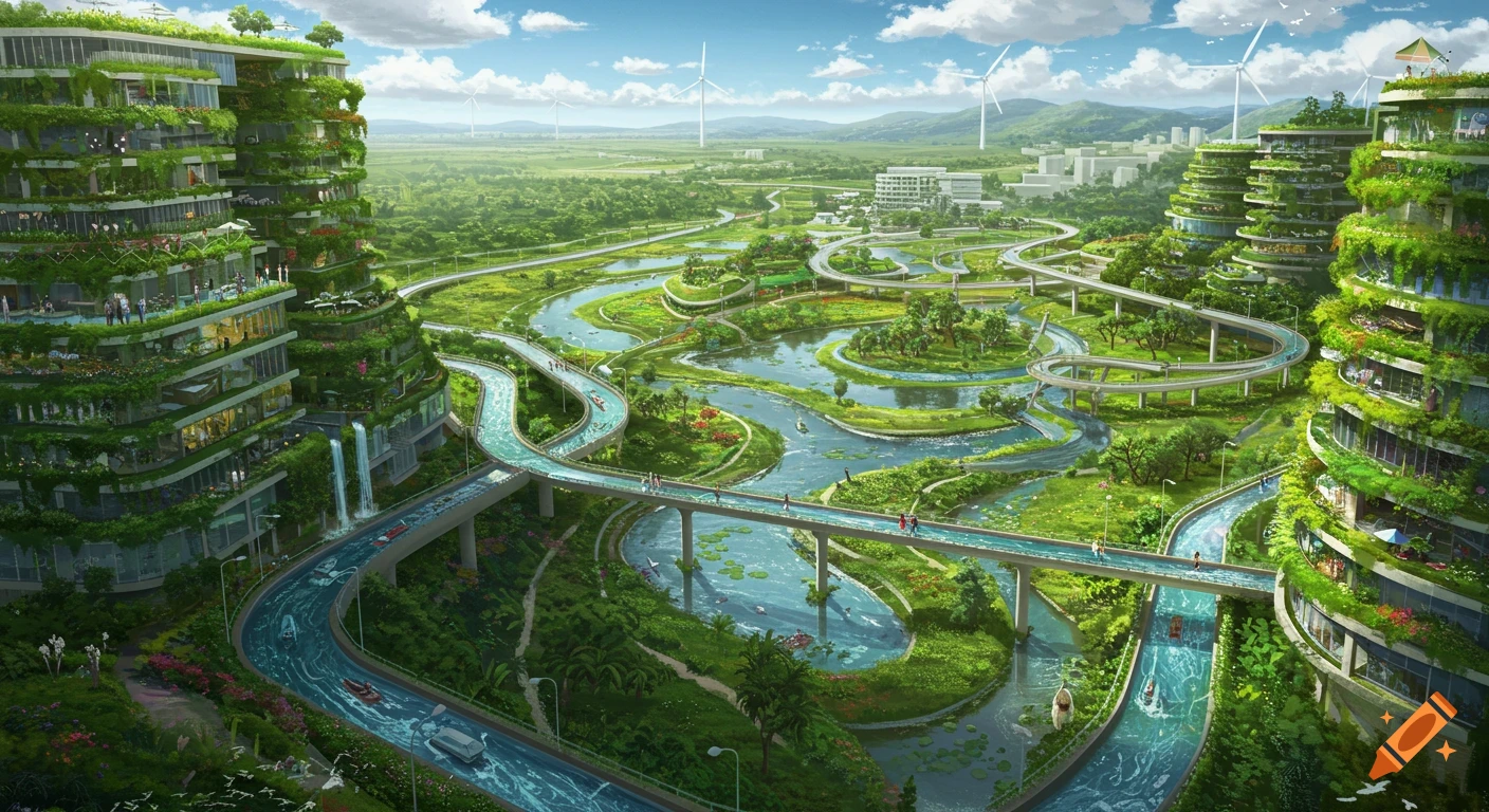 A lush, futuristic city with green buildings, winding rivers, bridges, and wind turbines in a vibrant landscape.