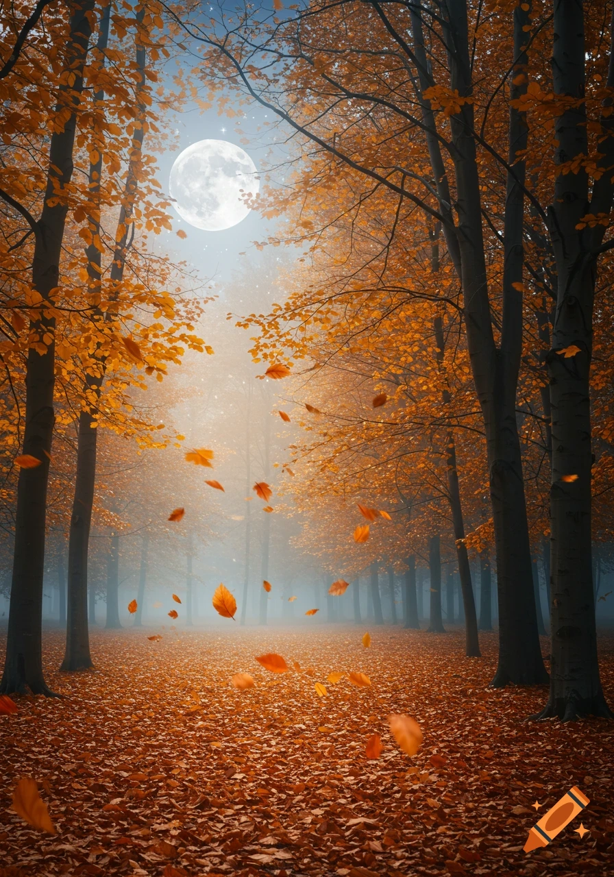 A mystical autumn forest at night under a bright full moon, with golden leaves falling onto the foliage-covered path.