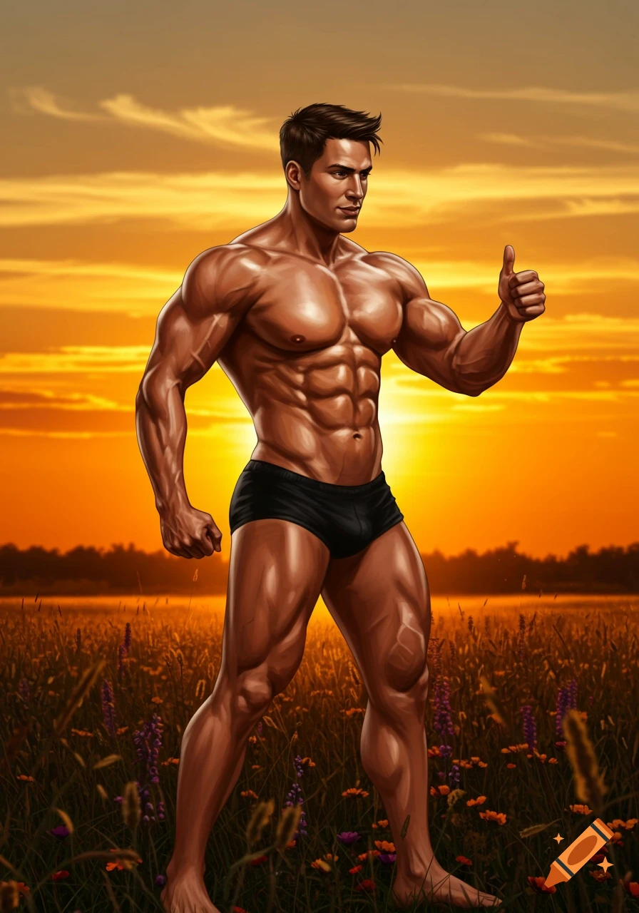 Muscular man in black briefs gives a thumbs up in a field of flowers at sunset, illustration.