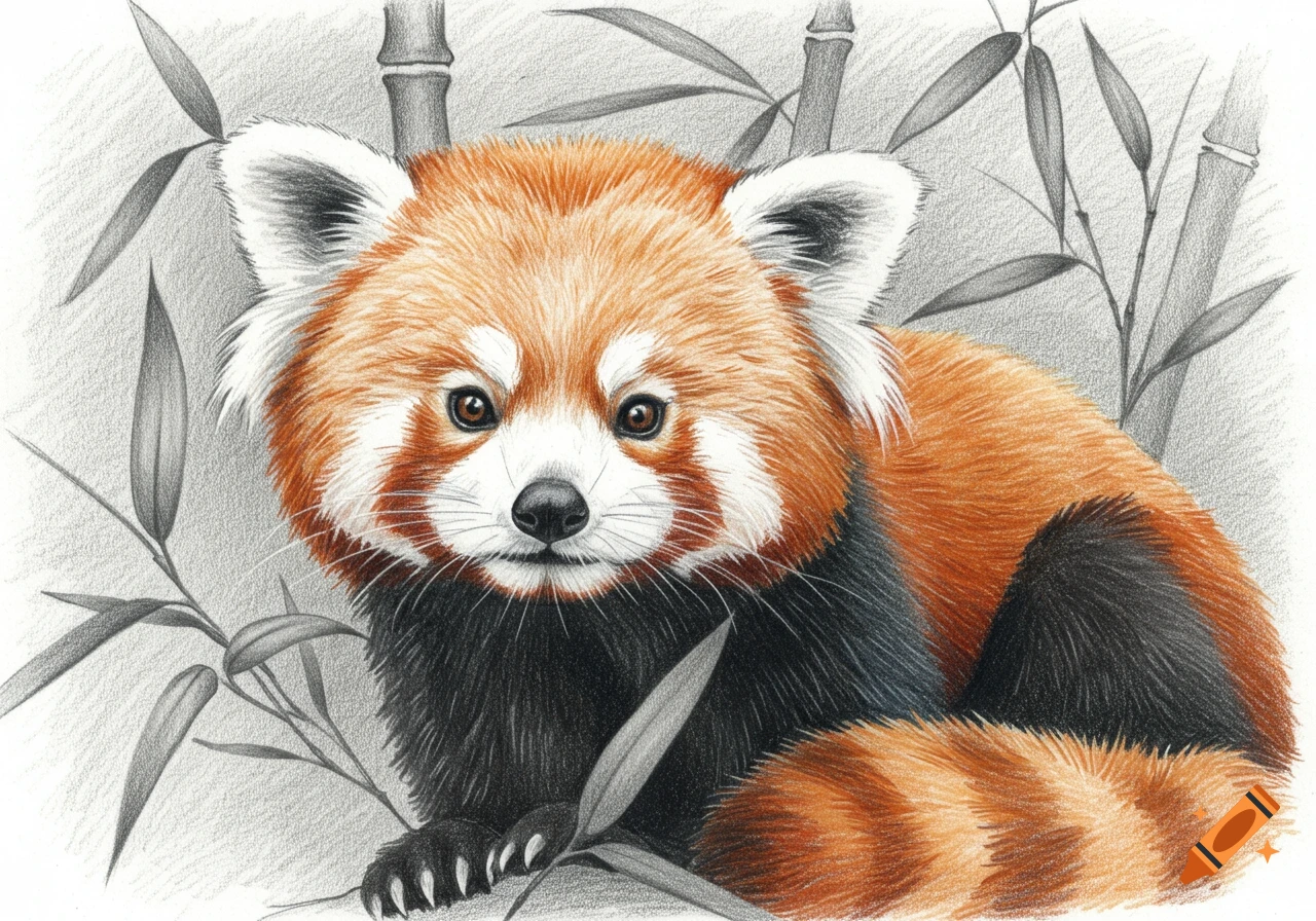 A vibrant colored pencil drawing of a red panda sitting amidst bamboo stalks, looking directly forward.