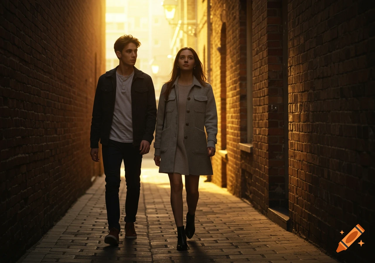 A young man and woman walk through a narrow sunlit brick alleyway in a realistic style.