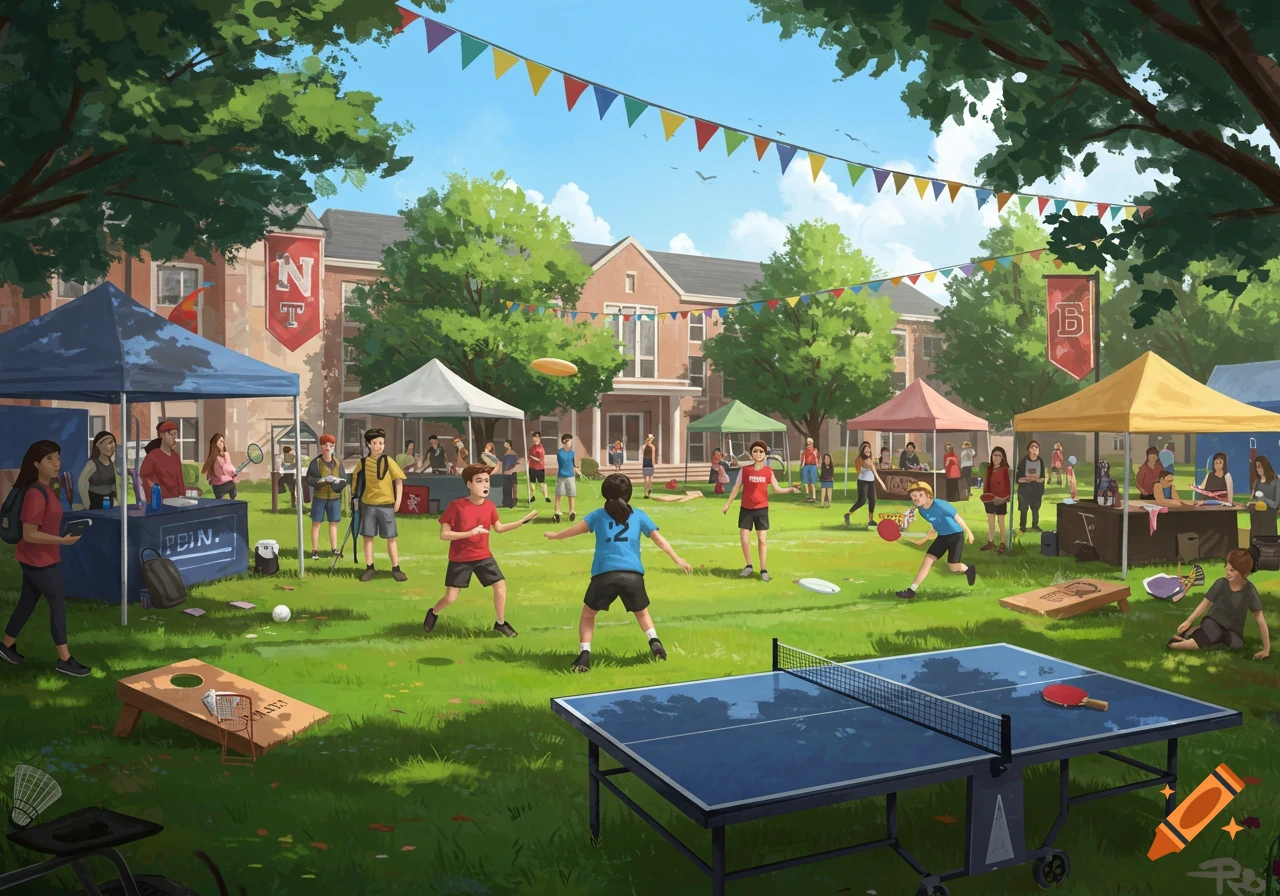 An illustration of a vibrant college fair with students playing mini-sports like frisbee and cornhole on a grassy lawn, with tents and a building in the background.