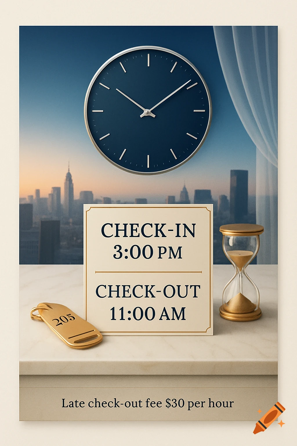 A hotel check-in and check-out time sign on a counter with a clock, an hourglass, and a room key. A city skyline is in the background.