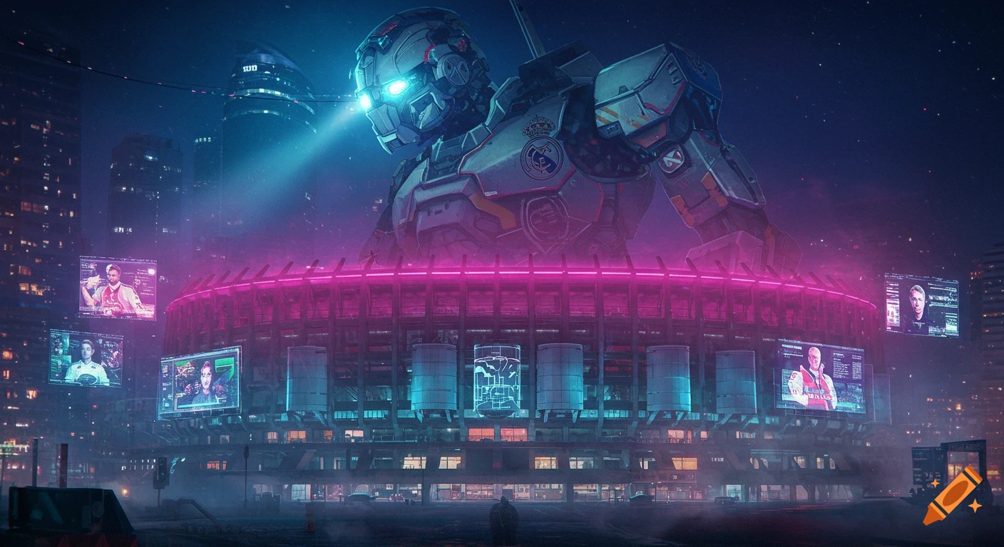 A giant Real Madrid mecha robot towers over a futuristic Santiago Bernabéu stadium at night, surrounded by glowing neon signs and holographic screens in a vibrant cyberpunk city.