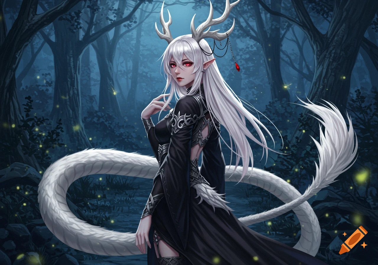 An anime fantasy woman with platinum hair, red eyes, deer horns, and a white dragon tail in a dark forest with fireflies.