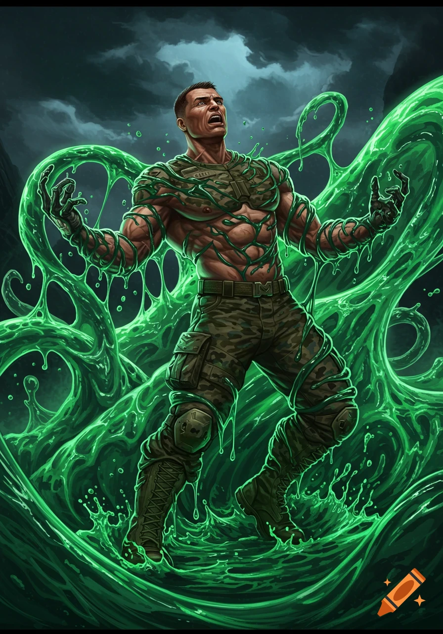 A muscular marine is being assimilated by glowing green slime, with a distressed expression, set against a dark, cloudy sky. Digital art.