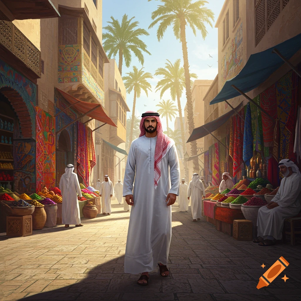 A dashing Arab man in a white thobe and red keffiyeh walks through a busy, colorful market street with palm trees.