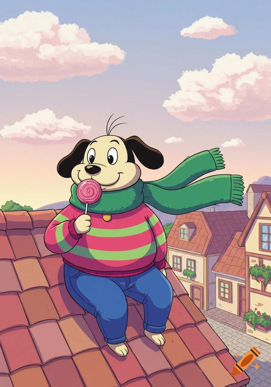 A chubby cartoon dog sits on a red-tiled roof, holding a pink swirl lollipop, with houses and a pastel sky in the background.
