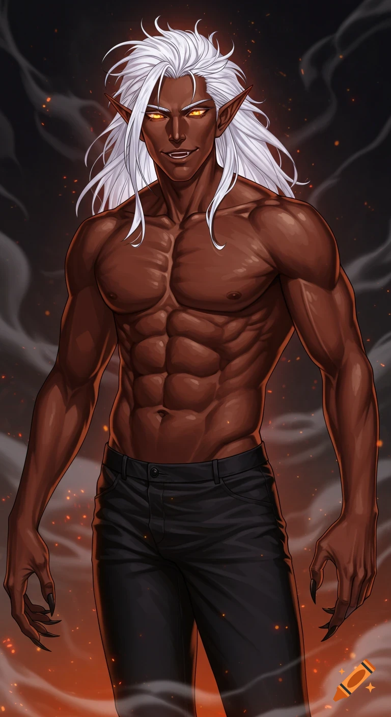 A tall, muscular, dark-skinned male fantasy character with white hair, pointed ears, glowing amber eyes, and fangs, standing in a smoky, fiery anime style.