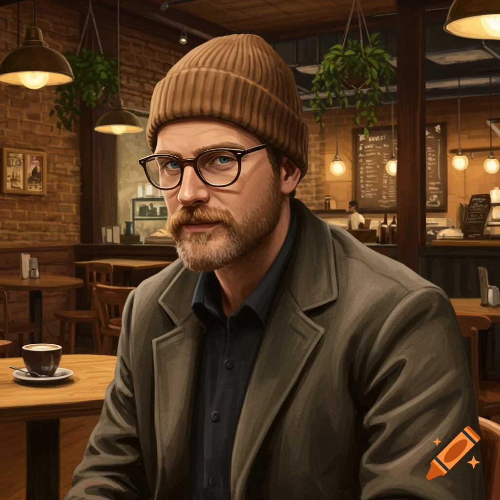 A man with a beard, glasses, and a brown beanie sits in a warm-lit coffee shop, a cup of coffee on the table.