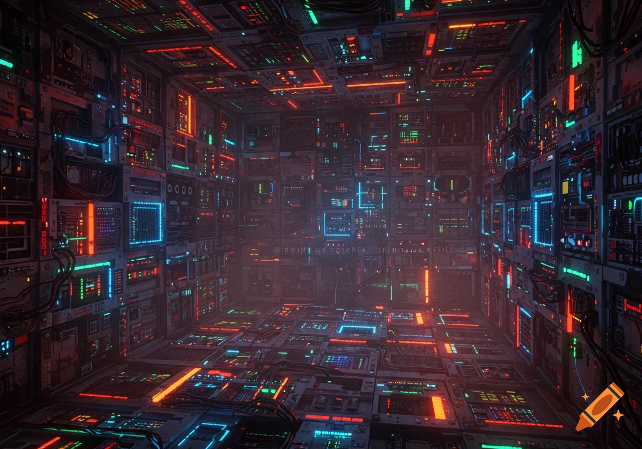 A dark, futuristic room with no exits, covered in glowing neon blue, orange, and green lights, circuitry, and screens on all walls, ceiling, and floor.