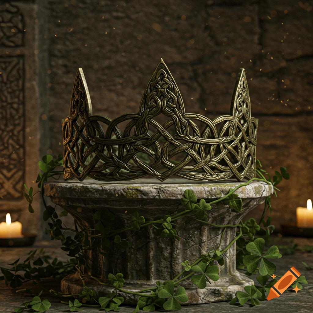 Ornate gold Celtic knotwork crown on a mossy stone pedestal with clover and glowing candles in a dimly lit stone room.