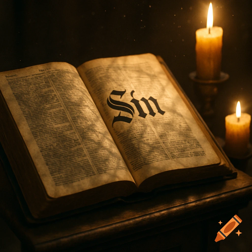 An open Bible on a wooden table, lit by two candles, with the word 'Sin' prominently displayed on one page.
