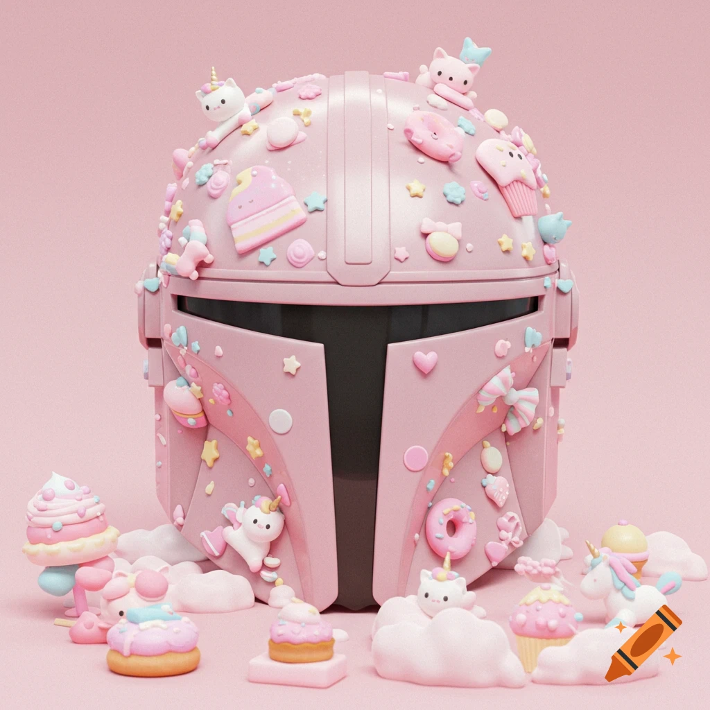 Pink Mandalorian helmet adorned with kawaii pastries, unicorns, kittens, and stars on a pink background.