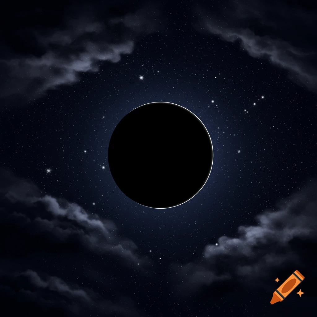 A large black circle representing a moon in a dark, starry night sky with wispy clouds surrounding it.