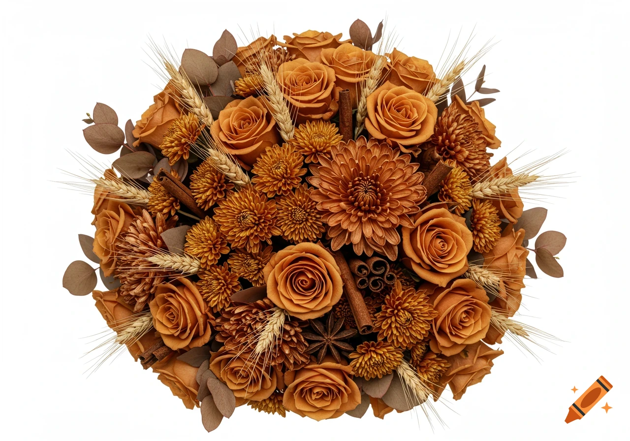 A vibrant autumn flower bouquet with orange roses, bronze chrysanthemums, wheat stalks, eucalyptus leaves, cinnamon sticks, and star anise on a white background.