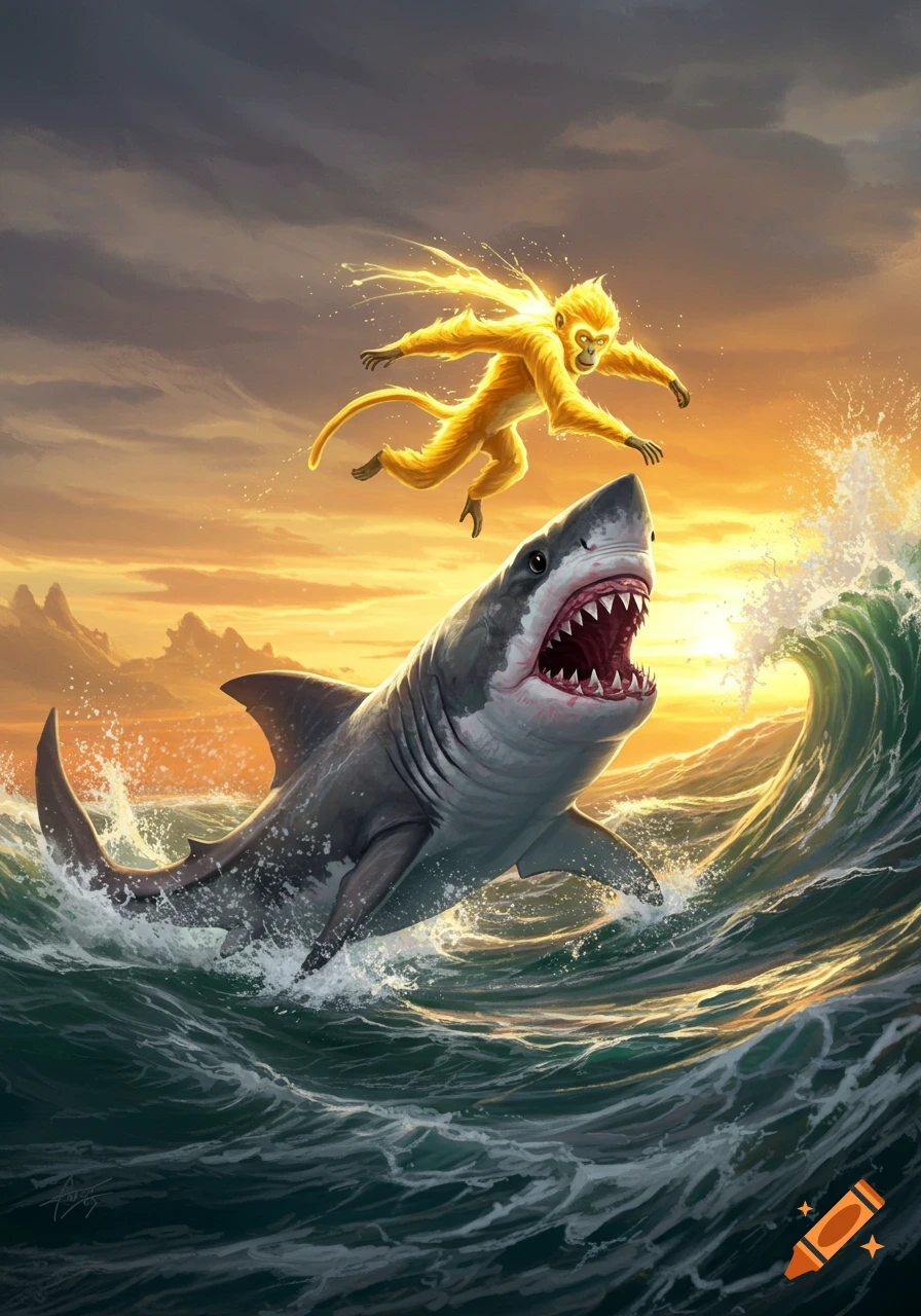 A vibrant digital illustration of a golden monkey leaping over a great white shark in choppy ocean waters at sunset.