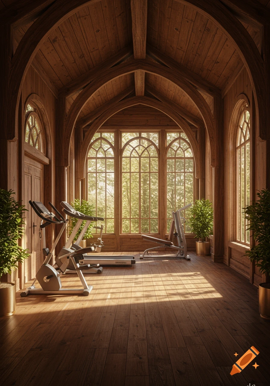 A rustic home gym with wooden vaulted ceilings and large arched windows overlooking lush green trees. Exercise equipment like a treadmill and bike are on a wooden floor, bathed in sunlight.