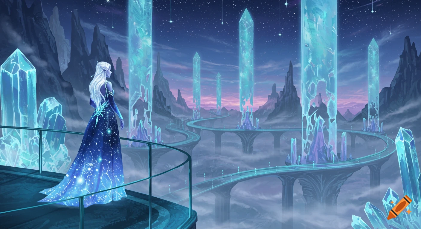 An elf-like woman in a starry dress overlooks a fantastical crystal city with glowing structures and mountains under a starry night.