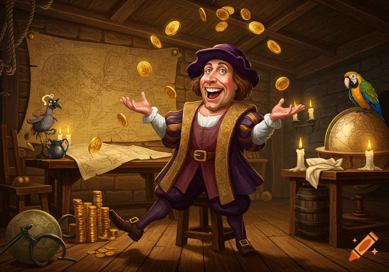 Goofy, smiling man in historical attire juggling gold coins in a rustic, candlelit room with maps, globe, parrot, and crow.