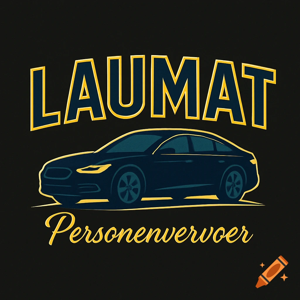 Modern logo for LAUMAT Personenvervoer featuring a dark blue sedan car with yellow outlines on a black background.
