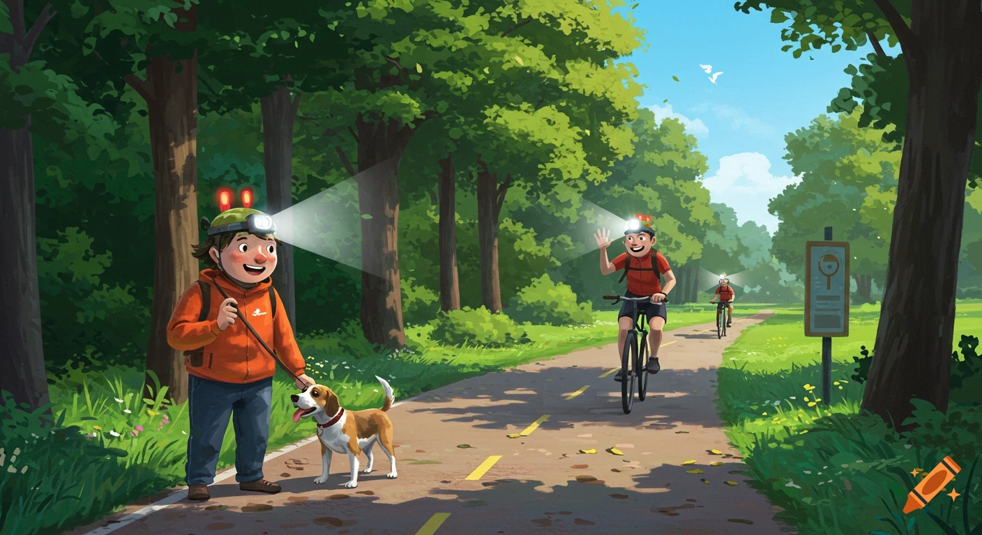 An illustration of a person walking a dog and a cyclist on a tree-lined path. All have headlamps. Another cyclist is in the distance.