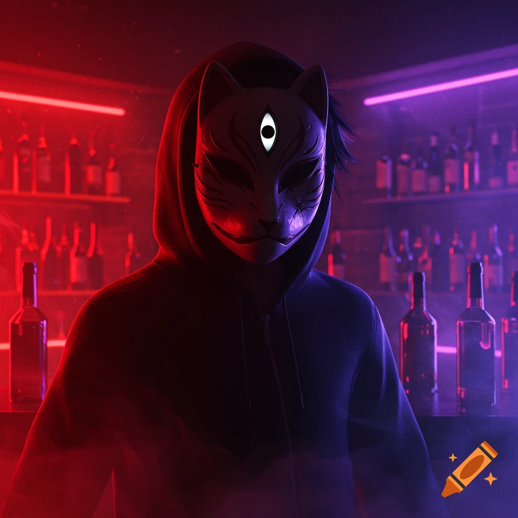 A mysterious figure in a black hoodie and a kitsune mask with a third eye stands in a dimly lit bar, bathed in red and purple neon light.