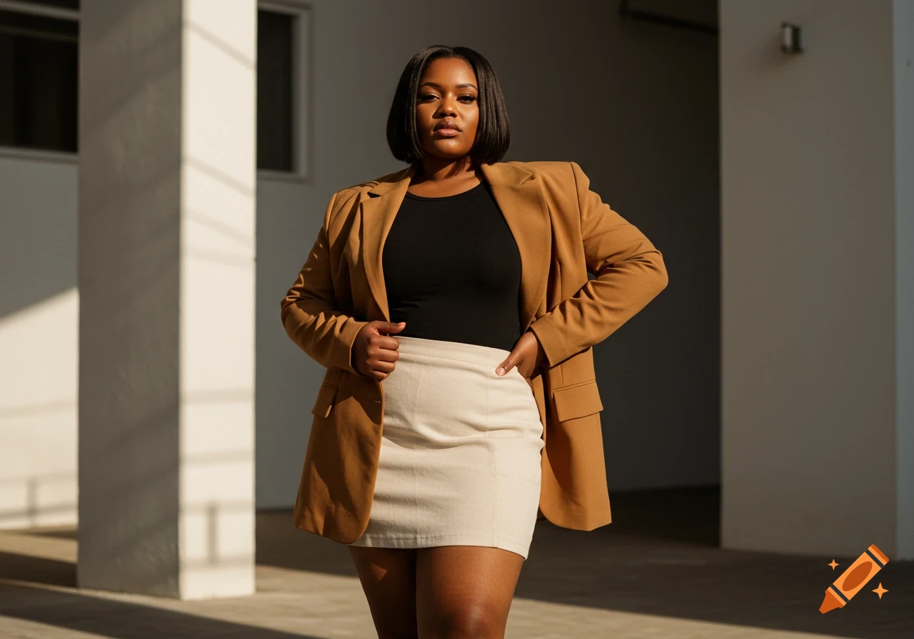 A full-figured Black woman with short hair wears a black top, light skirt, and brown blazer, standing outdoors in sunlight.