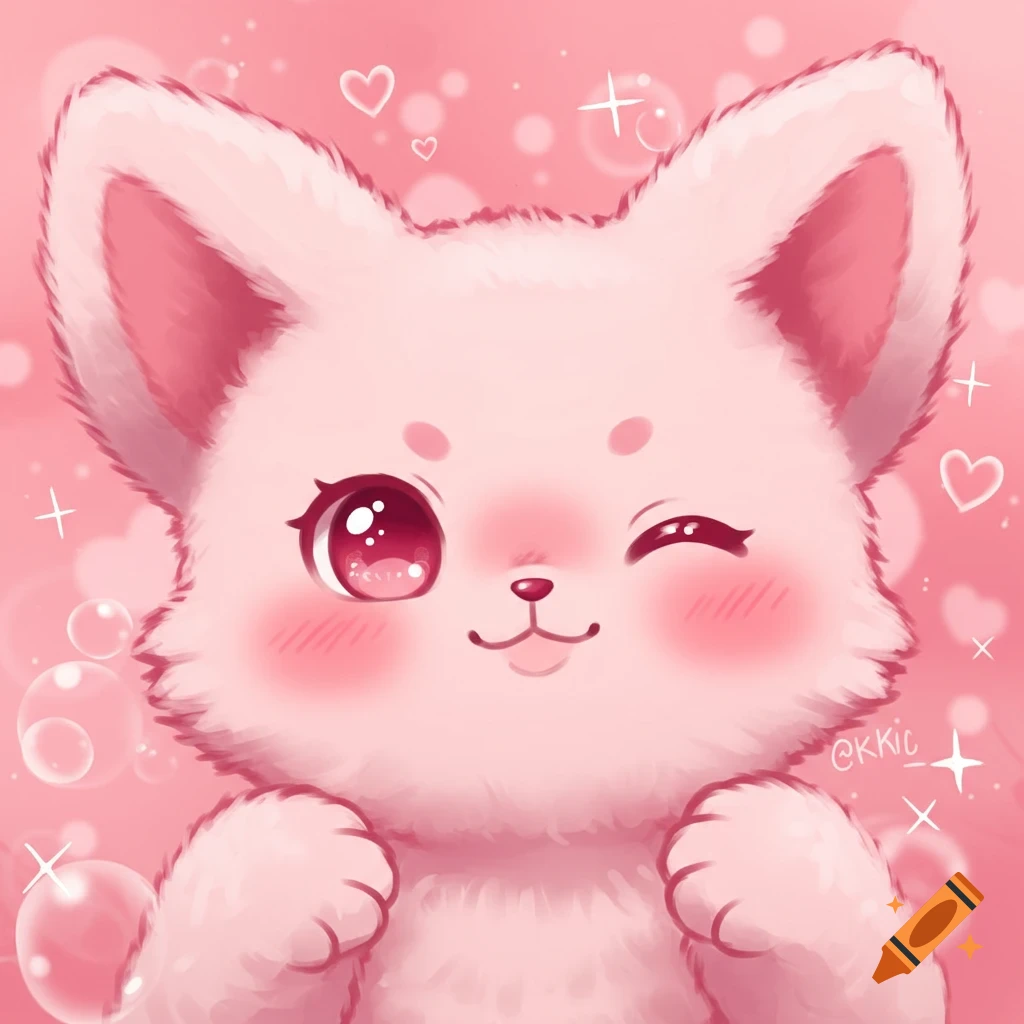 Cute pink fluffy cartoon animal with big sparkling eyes winking, surrounded by hearts and bubbles.