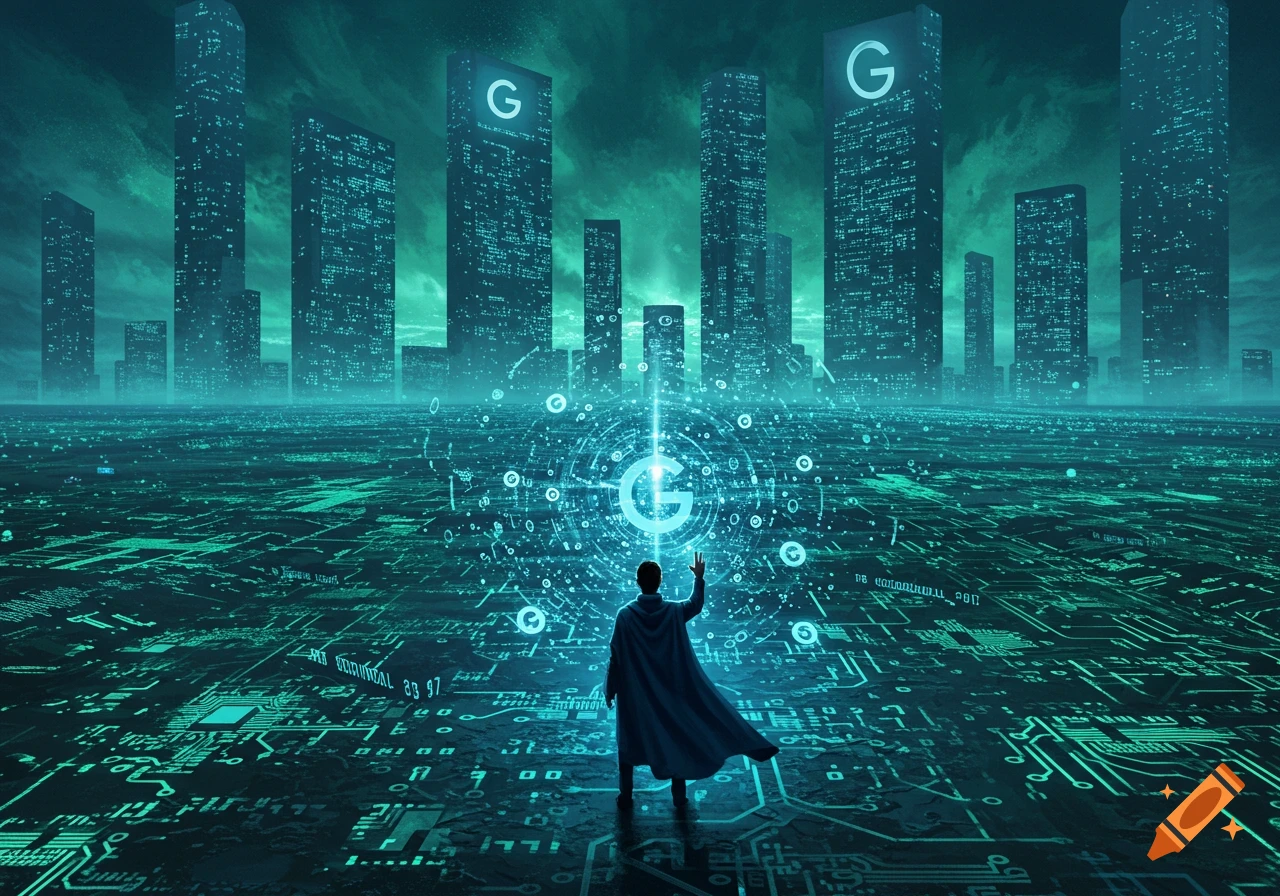 A cloaked figure stands on a glowing circuit board landscape, looking up at a glowing 'G' logo amidst a futuristic city with 'G' logos on skyscrapers.
