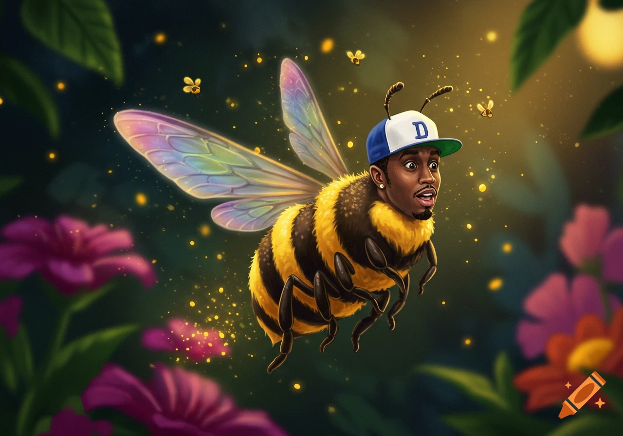A colorful digital illustration of Diddy's head on a bee's body, wearing a baseball cap, flying in a magical garden.